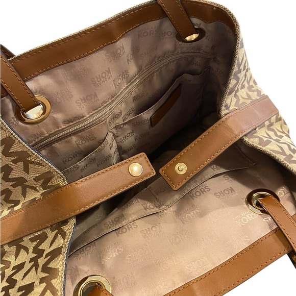 Michael Kors Jet Set brown & tan canvas Logo Tote Handbag satchel shoulder Purse - Picture 7 of 16